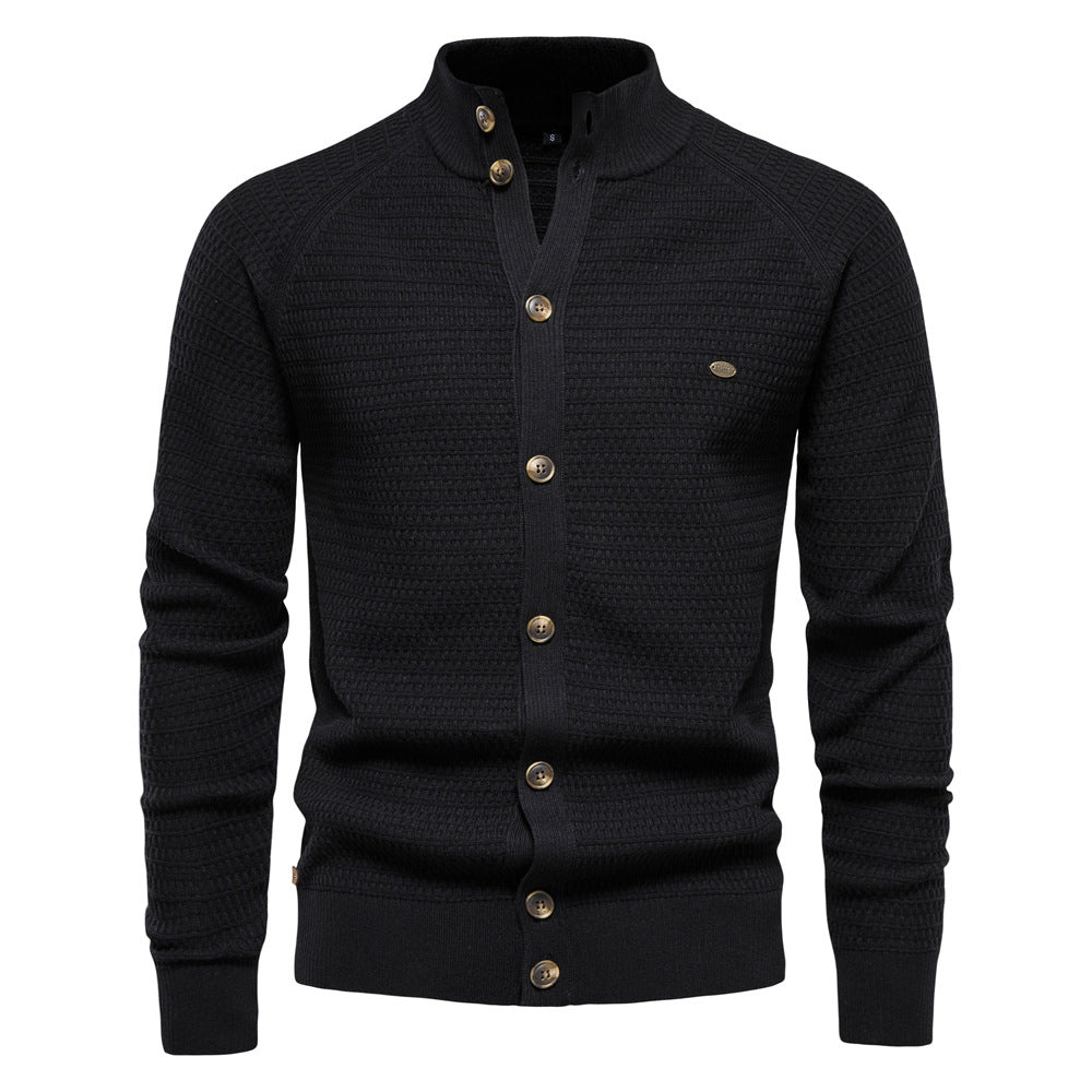 Men’s Winter Full-Zip Cardigan Sweater – High-Stretch Cotton Stand Collar Knit Top | Y324