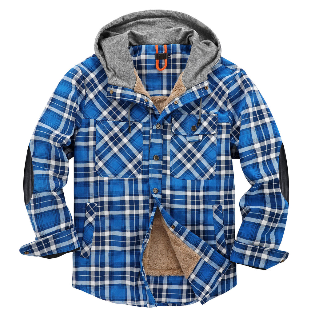 Men's Plaid Checked Shirt Jacket Plus Size Velvet Lined Windproof Warm Hooded Cotton Coat | 3252