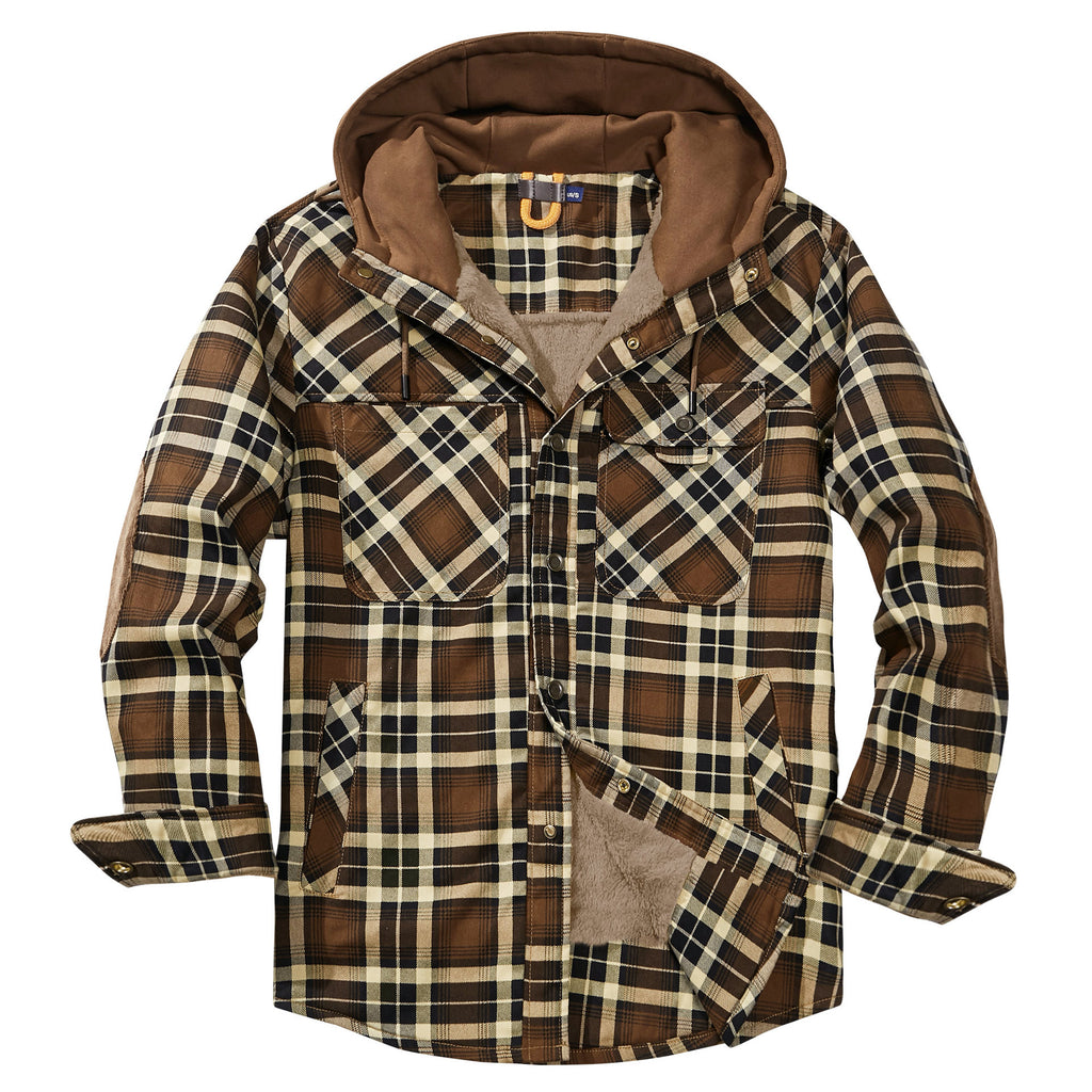 Men's Plaid Checked Shirt Jacket Plus Size Velvet Lined Windproof Warm Hooded Cotton Coat | 3252