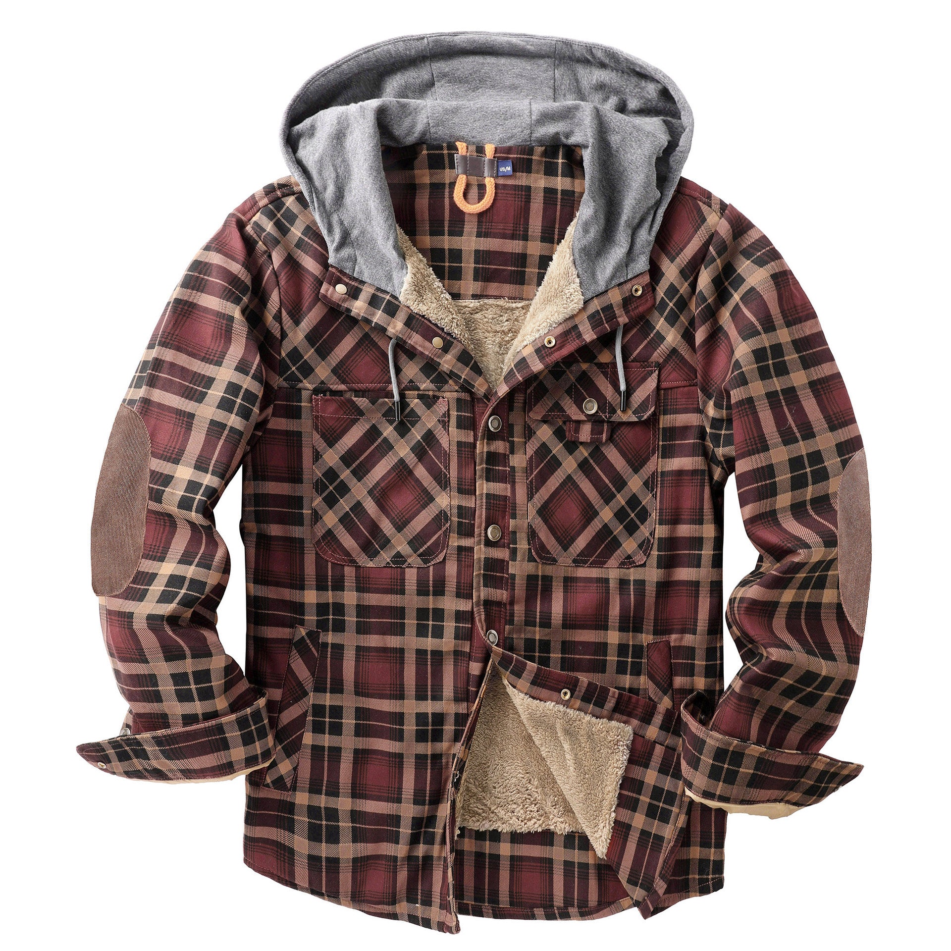 Men's Plaid Checked Shirt Jacket Plus Size Velvet Lined Windproof Warm Hooded Cotton Coat | 3252
