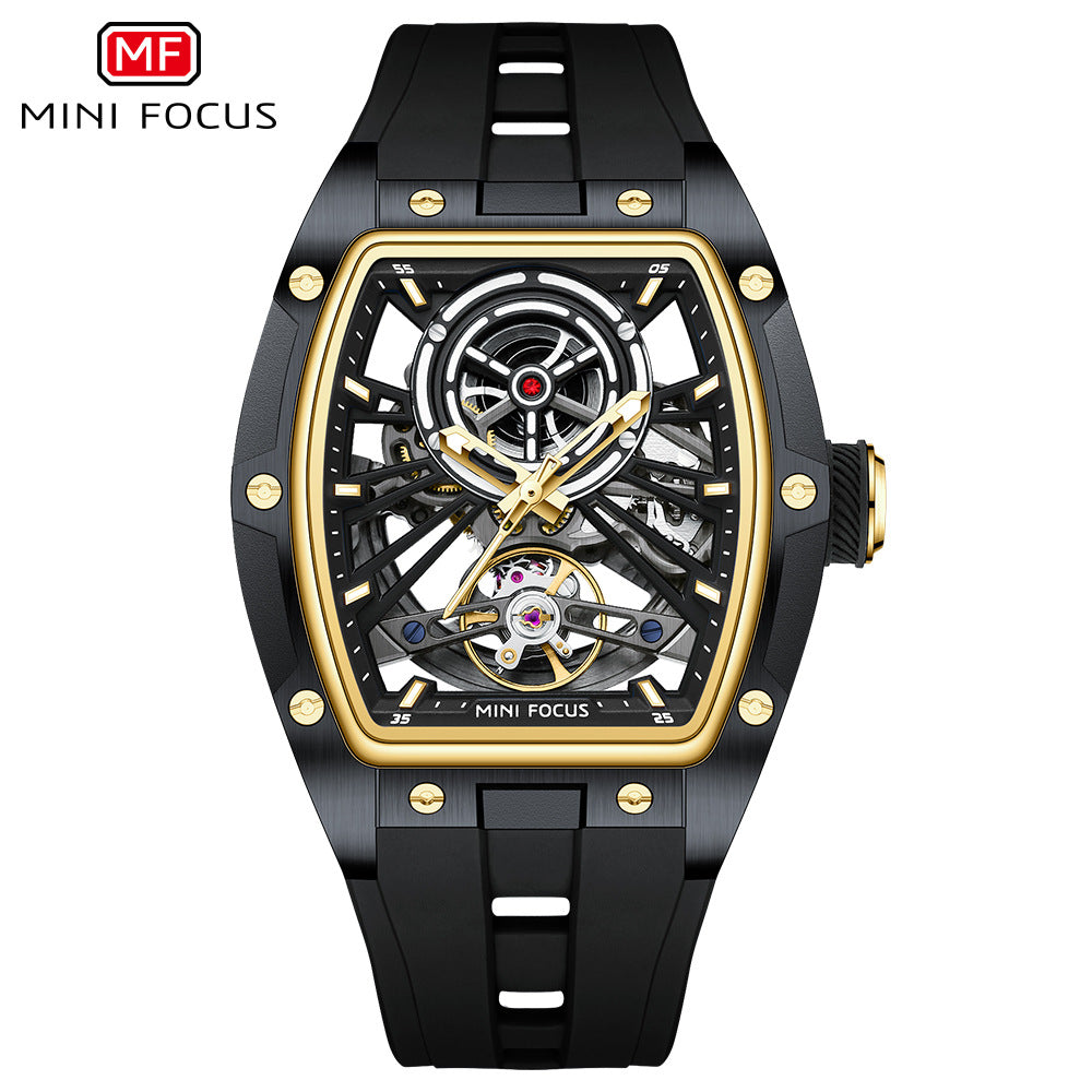 MINIFOCUS MF0603G Skeleton Automatic Watch for Men | Stainless Steel Barrel Case | Mechanical Wristwatch with Luminous Hands | MF0603G