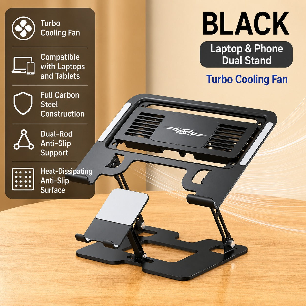 Laptop & Phone 2-in-1 Cooling Stand with Fans | Silent Turbo-Fan Elevator for Gaming Laptops | Height-Adjustable Aluminum Riser | 112