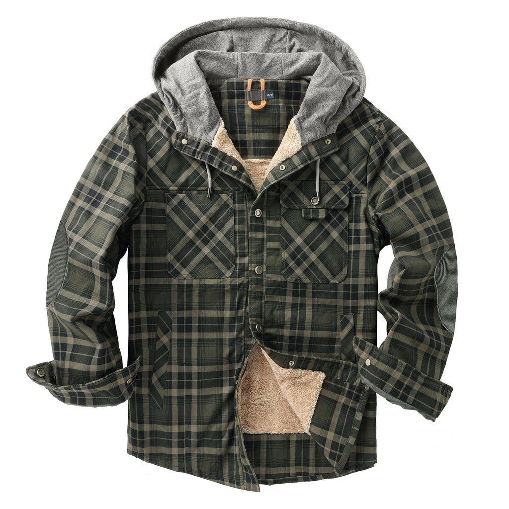 Men's Plaid Checked Shirt Jacket Plus Size Velvet Lined Windproof Warm Hooded Cotton Coat | 3252