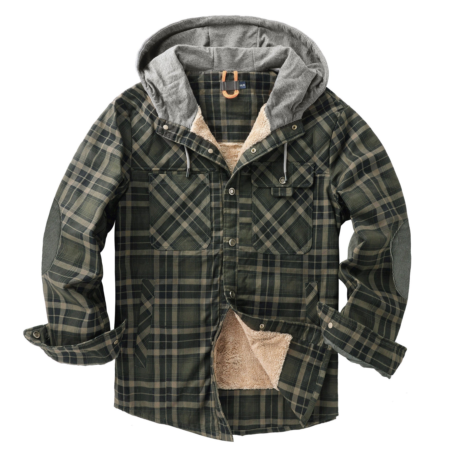 Men's Plaid Checked Shirt Jacket Plus Size Velvet Lined Windproof Warm Hooded Cotton Coat | 3252