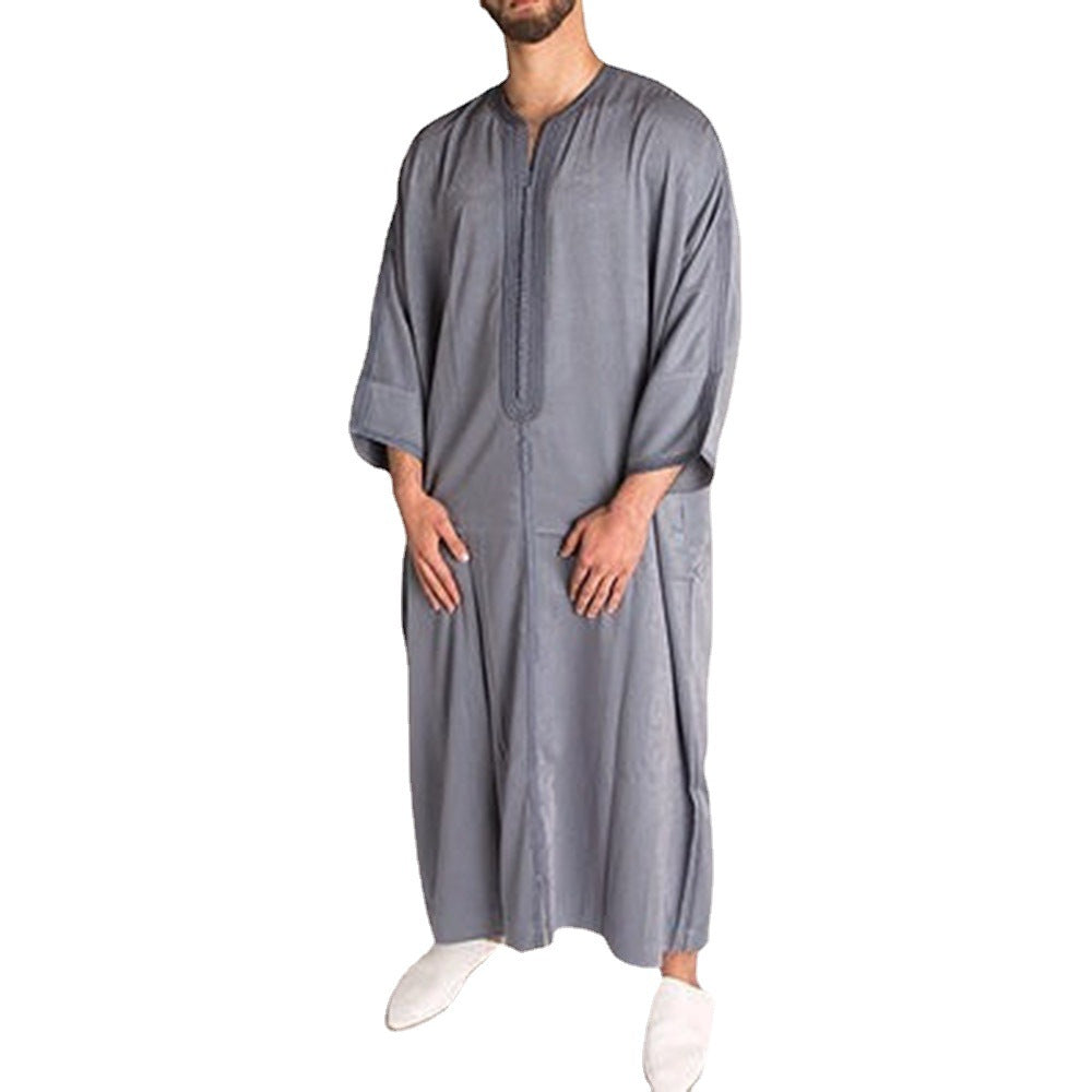 Grey African Ethnic Men's Long Shirt – Spot Muslim Robe Style Pullover | 1138203