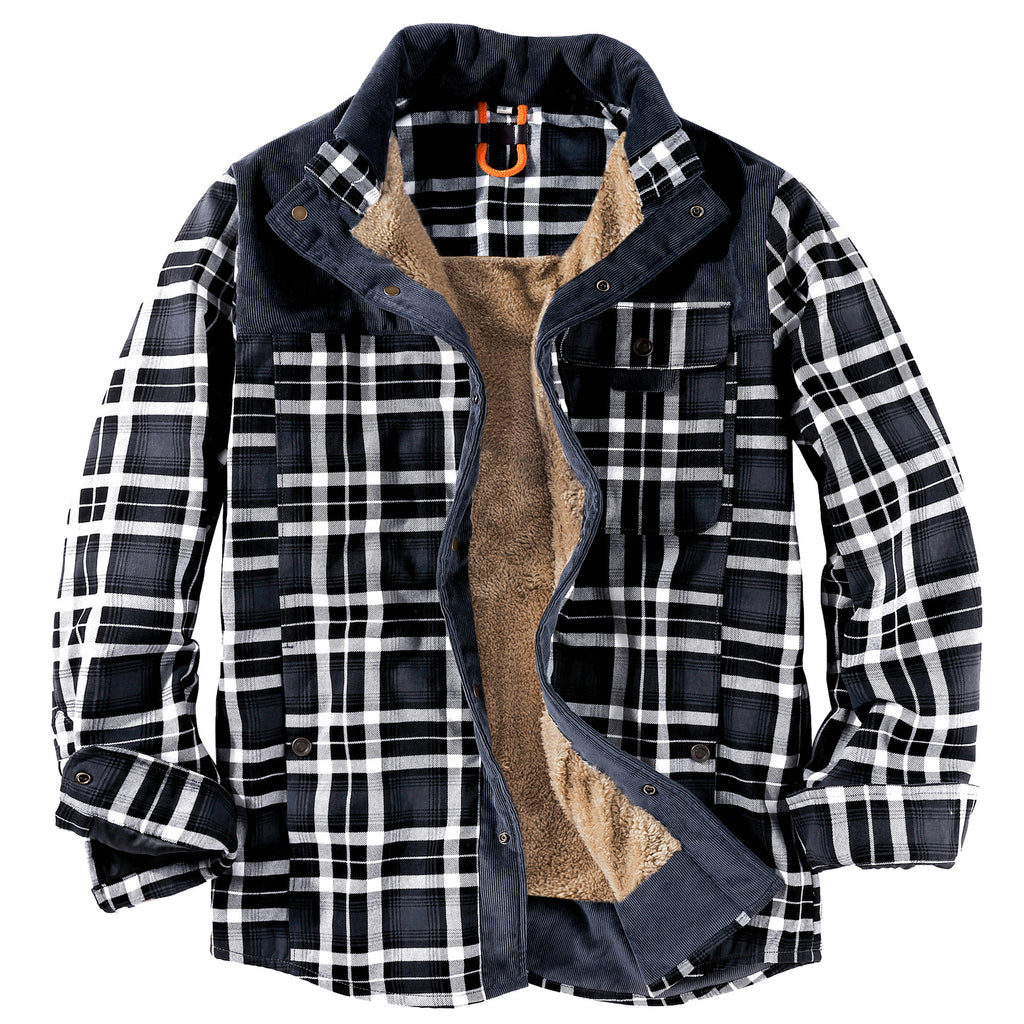 Men's Patchwork Corduroy Plaid Shirt Jacket Plus Size Velvet Lined Casual Winter Top | 3251