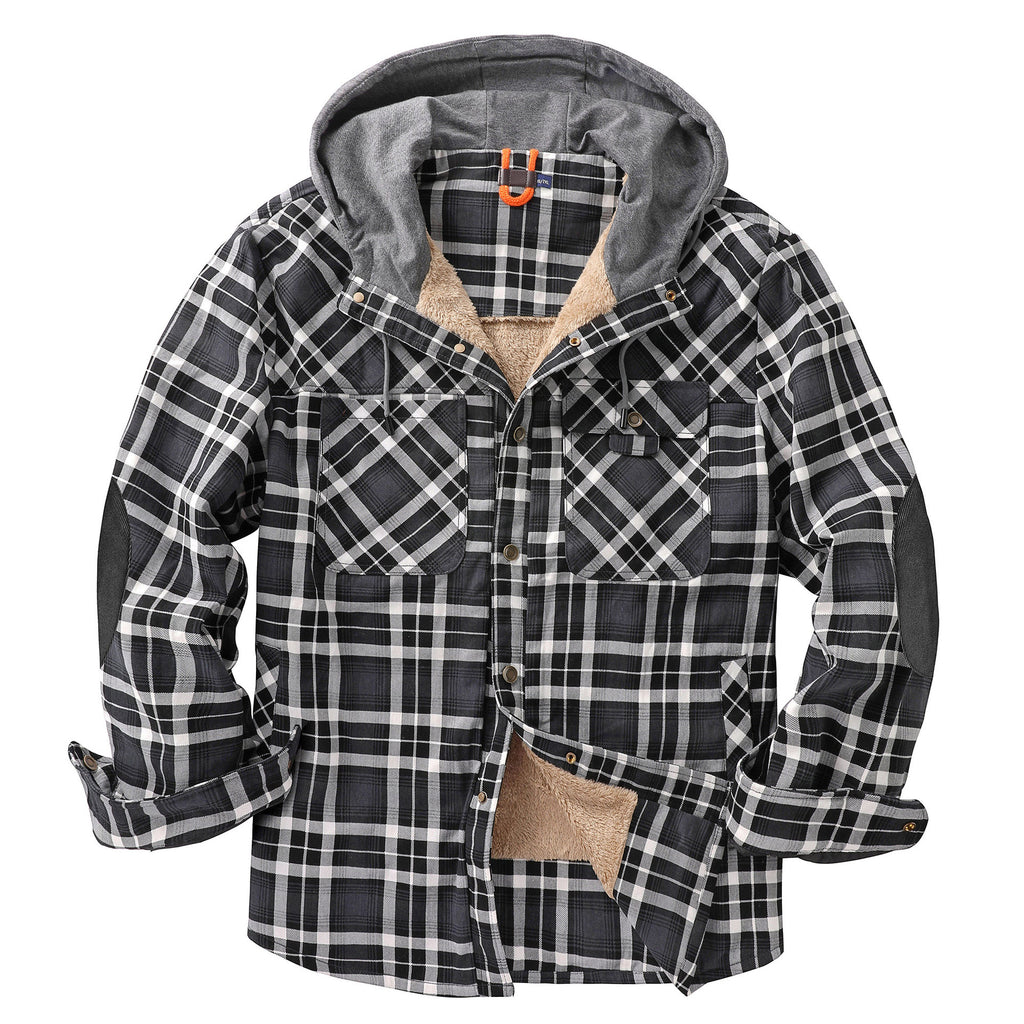 Men's Plaid Checked Shirt Jacket Plus Size Velvet Lined Windproof Warm Hooded Cotton Coat | 3252