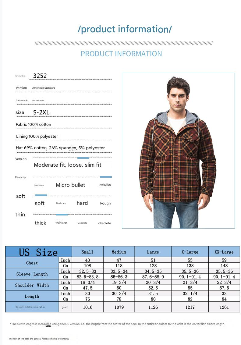 Men's Plaid Checked Shirt Jacket Plus Size Velvet Lined Windproof Warm Hooded Cotton Coat | 3252