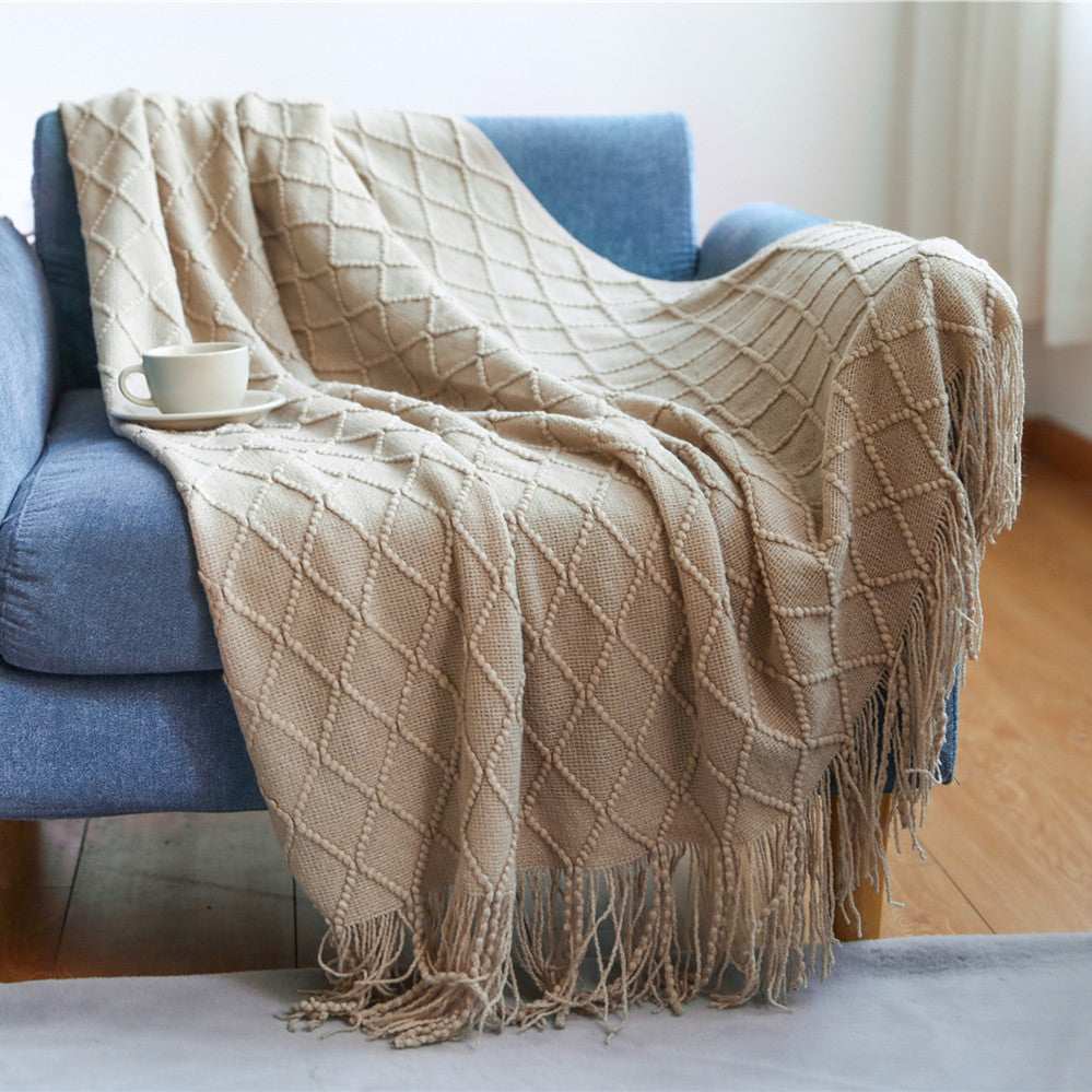 Cozy Knit Throw Blanket with Tassels Lightweight Breathable Acrylic for Sofa & Travel Comfort | YENLN06