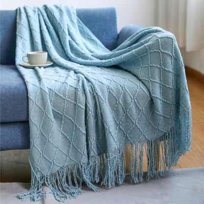 Cozy Knit Throw Blanket with Tassels Lightweight Breathable Acrylic for Sofa & Travel Comfort | YENLN06