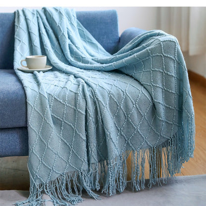 Cozy Knit Throw Blanket with Tassels Lightweight Breathable Acrylic for Sofa & Travel Comfort | YENLN06