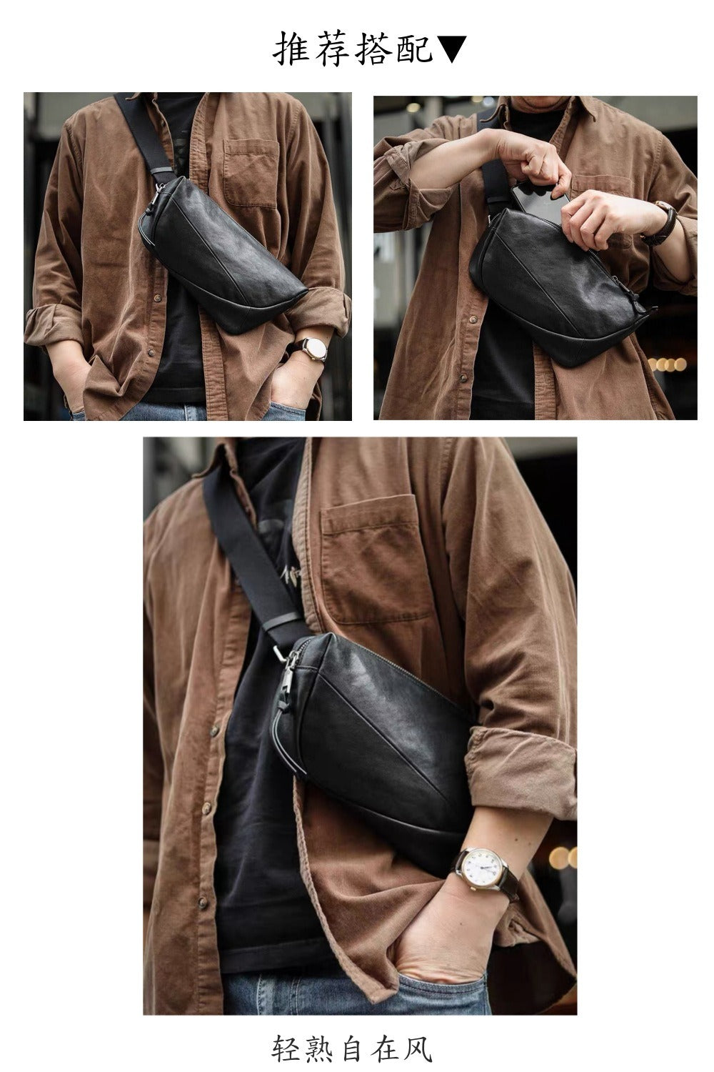 Cafen Kelvri Men’s Leather Crossbody Bag – Genuine Cowhide Shoulder Chest Bag UK | 2712D