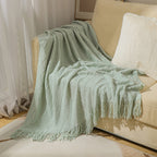 Cozy Knit Throw Blanket with Tassels Lightweight Breathable Acrylic for Sofa & Travel Comfort | YENLN06