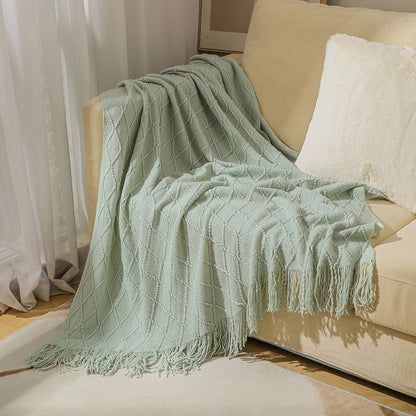 Cozy Knit Throw Blanket with Tassels Lightweight Breathable Acrylic for Sofa & Travel Comfort | YENLN06