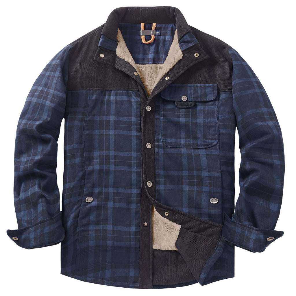 Men's Patchwork Corduroy Plaid Shirt Jacket Plus Size Velvet Lined Casual Winter Top | 3251