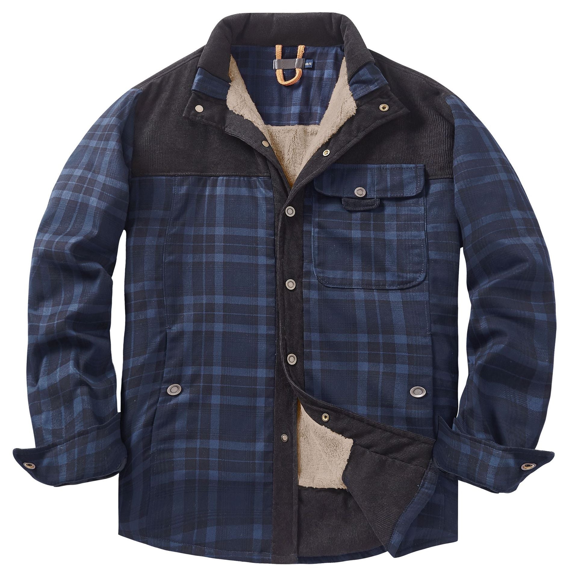 Men's Patchwork Corduroy Plaid Shirt Jacket Plus Size Velvet Lined Casual Winter Top | 3251