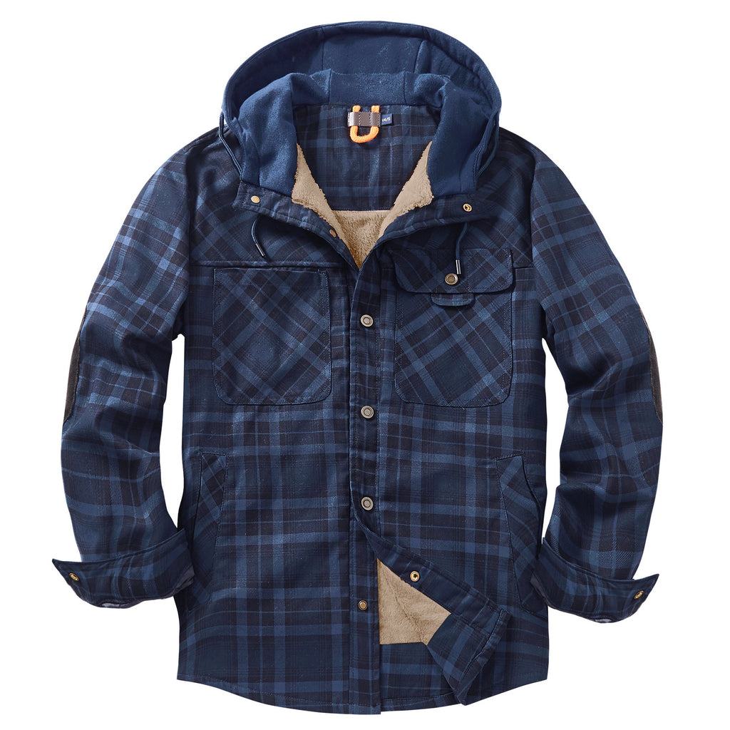 Men's Plaid Checked Shirt Jacket Plus Size Velvet Lined Windproof Warm Hooded Cotton Coat | 3252