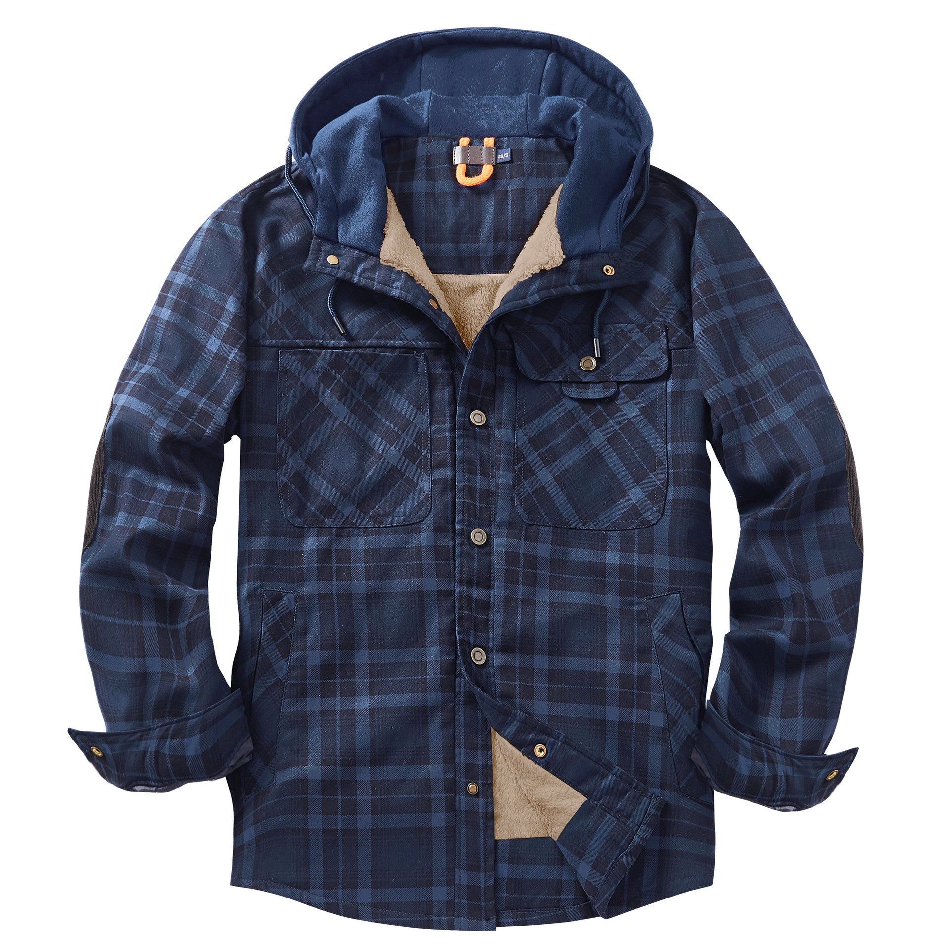 Men's Plaid Checked Shirt Jacket Plus Size Velvet Lined Windproof Warm Hooded Cotton Coat | 3252