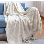 Cozy Knit Throw Blanket with Tassels Lightweight Breathable Acrylic for Sofa & Travel Comfort | YENLN06