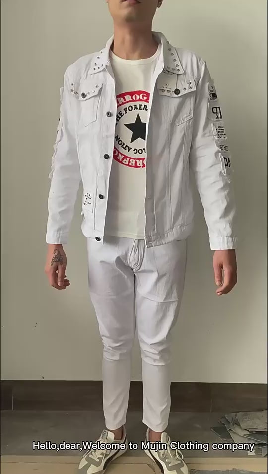 Men's Denim Jacket Jeans Pants Letters Printing Trousers 3 Pcs Set Casual Single Breasted