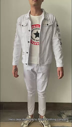 Men's Denim Jacket Jeans Pants Letters Printing Trousers 3 Pcs Set Casual Single Breasted