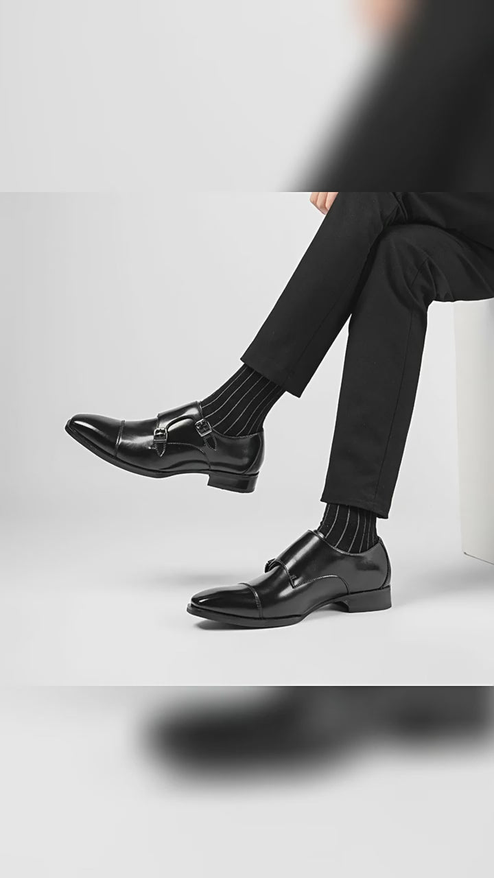Men's Double Monk Strap Dress Shoes | Genuine Leather Business Oxfords with Height Boost | Square Toe Formal Footwear | HK5009-2
