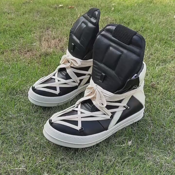 High-Top Genuine Leather Sneakers | Inverted Triangle & Pentagram Design | Unisex Thick-Sole Casual Board Shoes