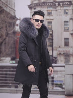 Aourun Men's Long Parka with Fox Fur Trim | 2025 Winter Hooded Jacket | Plush Mid-Length Faux Fur Lined Coat | 210