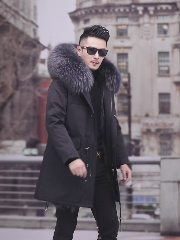 Aourun Men's Long Parka with Fox Fur Trim | 2025 Winter Hooded Jacket | Plush Mid-Length Faux Fur Lined Coat | 210