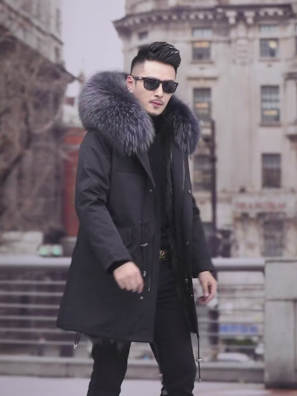 Aourun Men's Long Parka with Fox Fur Trim | 2025 Winter Hooded Jacket | Plush Mid-Length Faux Fur Lined Coat | 210