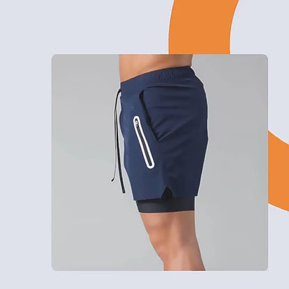 Men Double Layer Zipper Pocket Workout Running Gym Sports Lining Shorts | DK-03