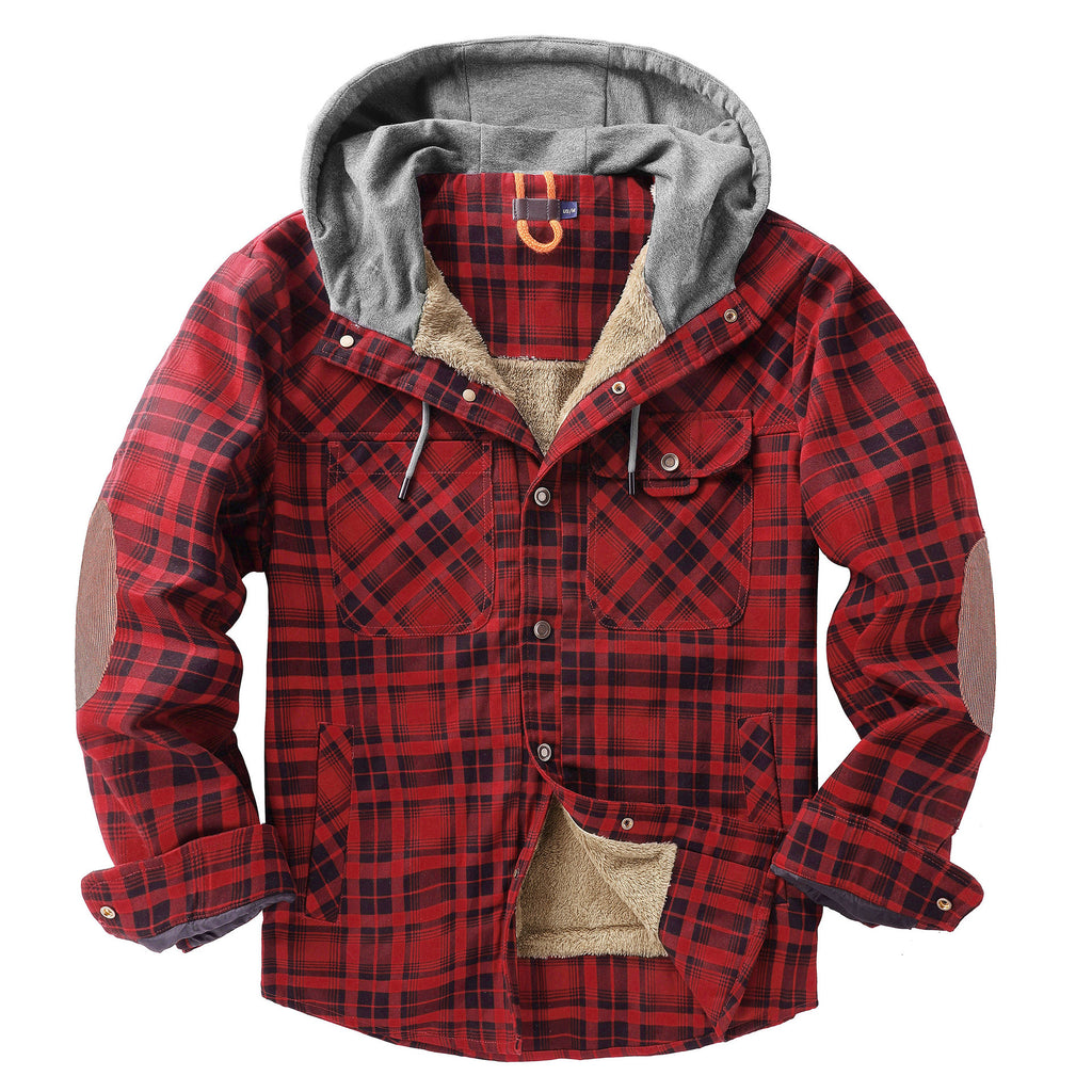 Men's Plaid Checked Shirt Jacket Plus Size Velvet Lined Windproof Warm Hooded Cotton Coat | 3252