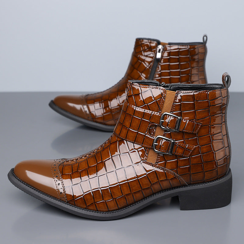 Zipper Embossed High Top Leather Shoes Men Vintage Martin Boots | 27271