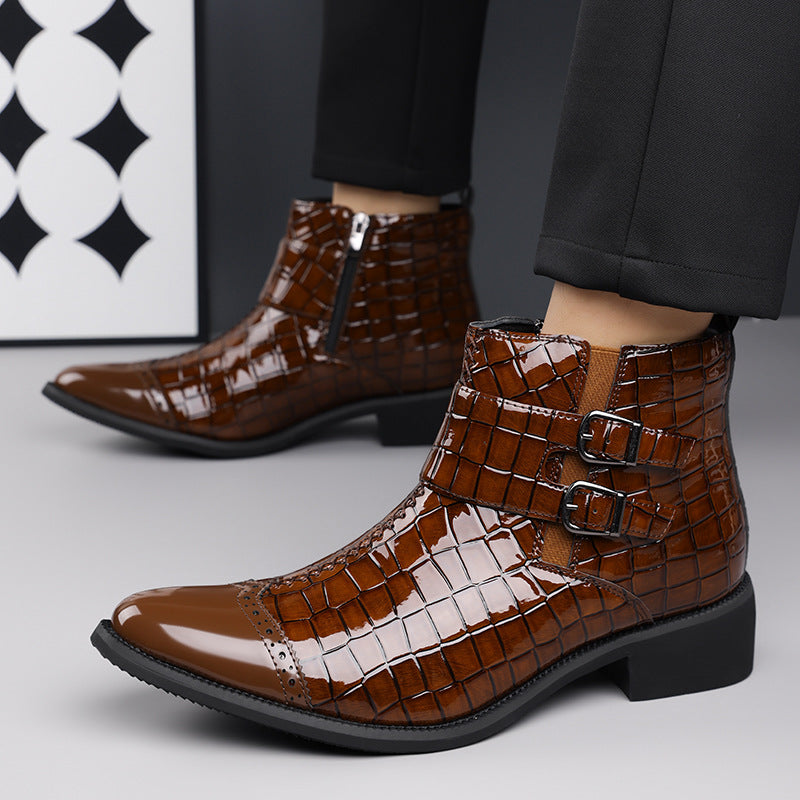 Zipper Embossed High Top Leather Shoes Men Vintage Martin Boots | 27271