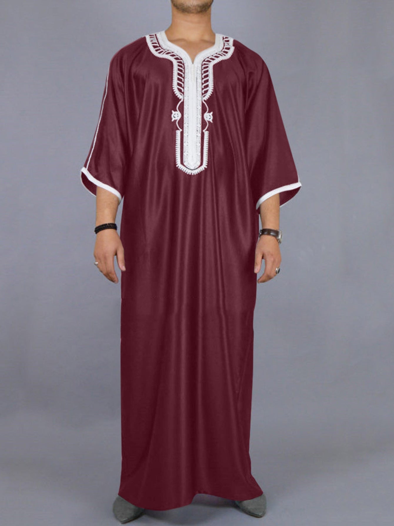 Muslim Men's Multicolor Short Sleeve Embroidered Arabian Moroccan Robe Elegant Traditional Attire | 21450