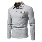 Men's Casual Long Sleeve Plaid Collar Polo Shirt with Pockets | D81