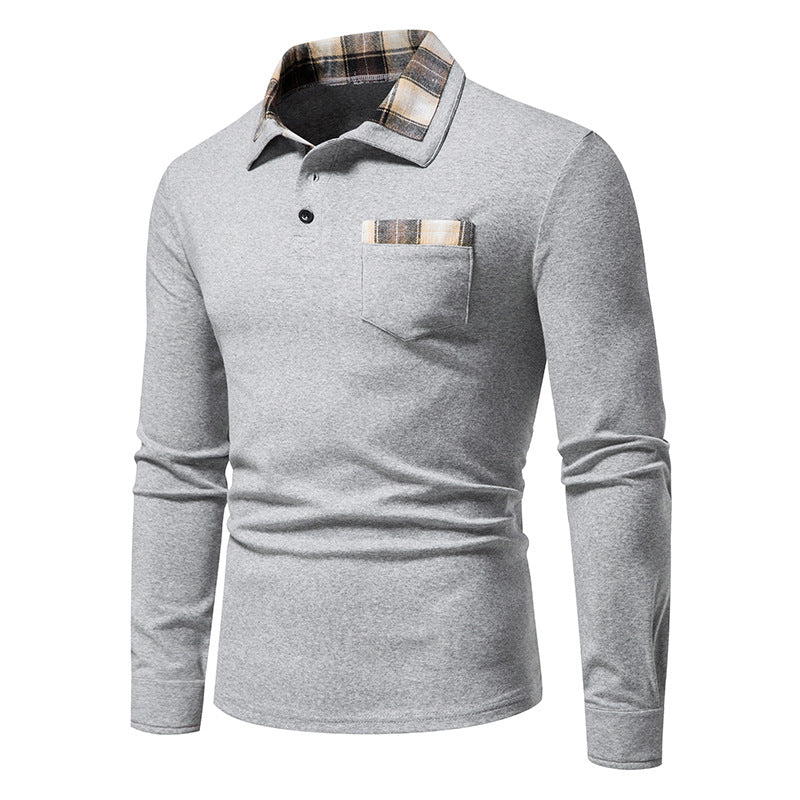 Men's Casual Long Sleeve Plaid Collar Polo Shirt with Pockets | D81