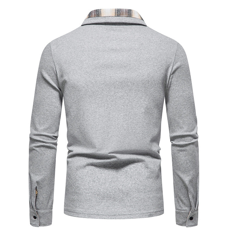 Men's Casual Long Sleeve Plaid Collar Polo Shirt with Pockets | D81