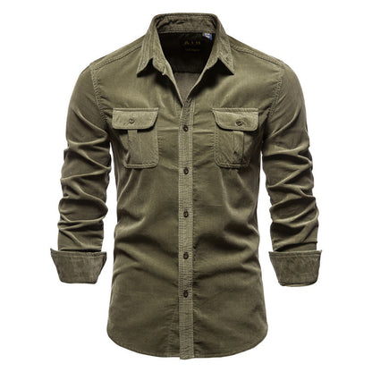 Men's Solid Color Corduroy Long Sleeve Shirt Top with Chest Pocket-19028