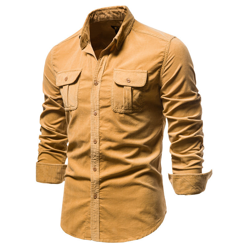 Men's Solid Color Corduroy Long Sleeve Shirt Top with Chest Pocket-19028