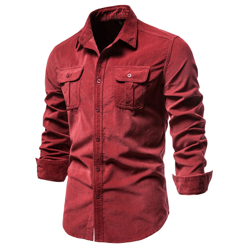 Men's Solid Color Corduroy Long Sleeve Shirt Top with Chest Pocket-19028