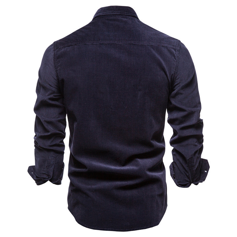 Men's Solid Color Corduroy Long Sleeve Shirt Top with Chest Pocket-19028