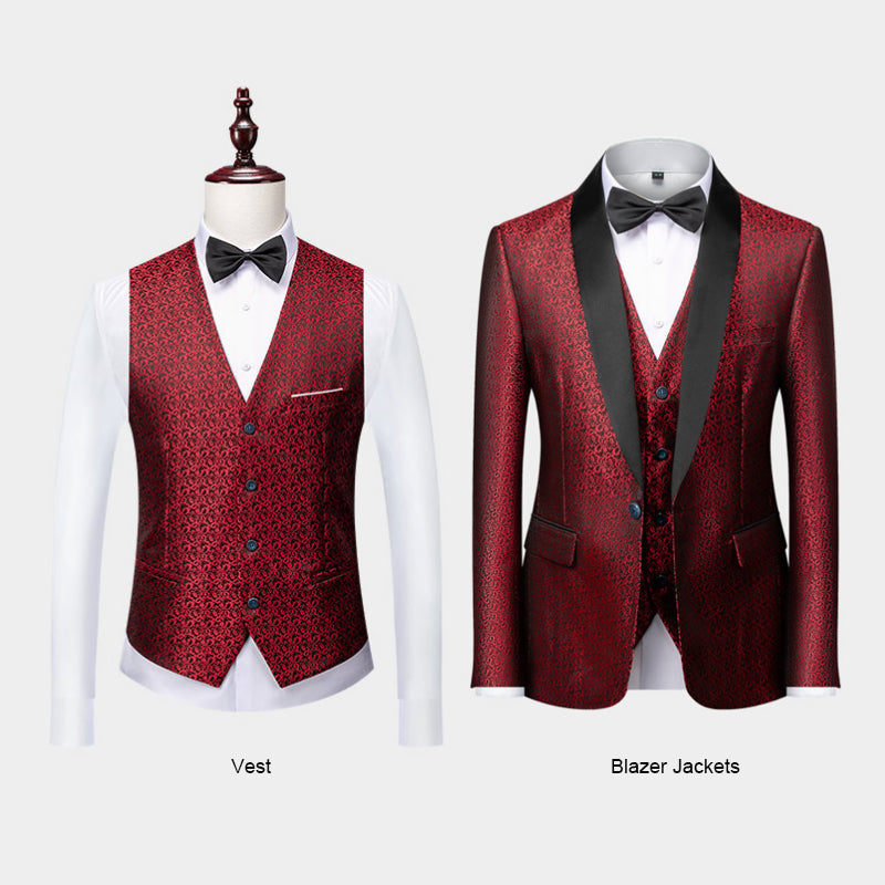 Abito da uomo Desinger in jacquard rosso vino elegante 3 pezzi Tuxedo-1953