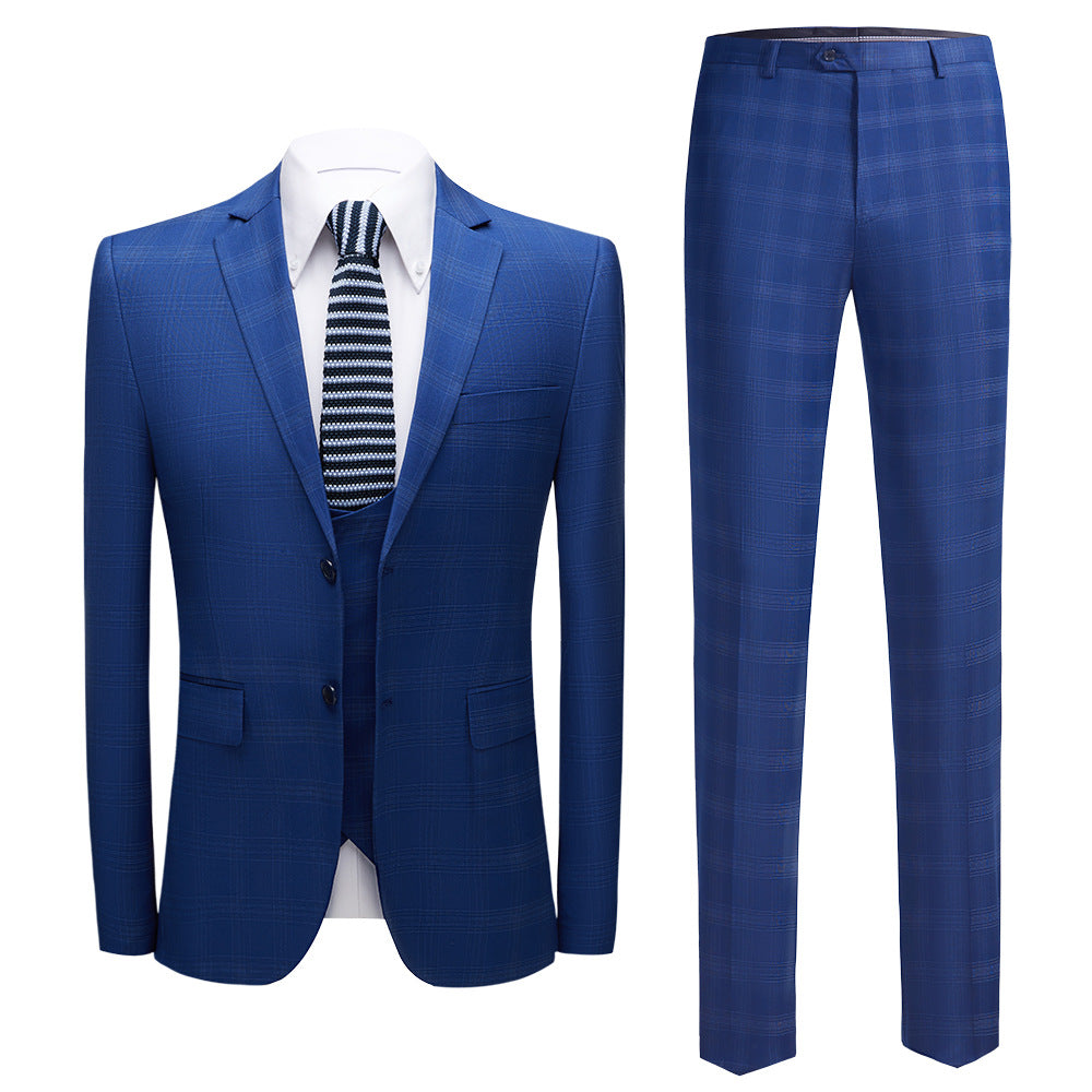 Men's 3 Pieces Slim Fit Suit Plaid Tuxedo Suit Dark Blue Business Wedding Dress Men Classic Formal Jacket Pants Vest