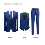 Men's 3 Pieces Slim Fit Suit Plaid Tuxedo Suit Dark Blue Business Wedding Dress Men Classic Formal Jacket Pants Vest