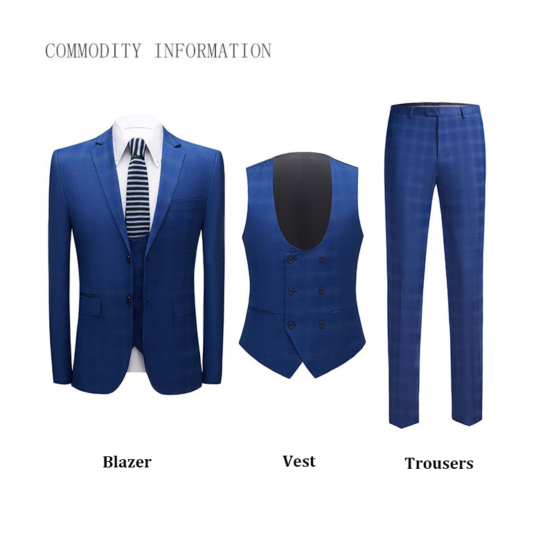 Men's 3 Pieces Slim Fit Suit Plaid Tuxedo Suit Dark Blue Business Wedding Dress Men Classic Formal Jacket Pants Vest
