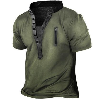 Men's Outdoor Zip Retro Print Tactical Henley Short Sleeve T-Shirt | 18CR