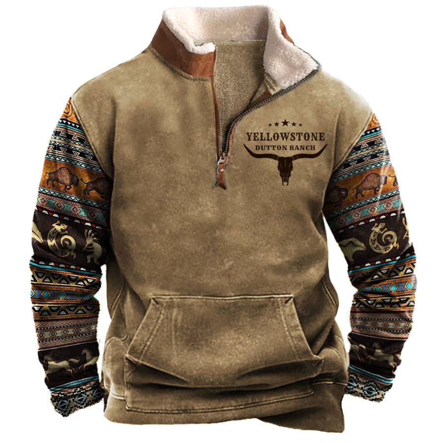 Men's Vintage Western Yellowstone Colorblock Jumper Big Size Zipper Stand Collar Sweatshirt | 99O9