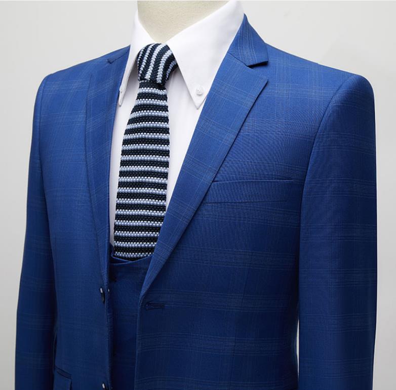 Men's 3 Pieces Slim Fit Suit Plaid Tuxedo Suit Dark Blue Business Wedding Dress Men Classic Formal Jacket Pants Vest