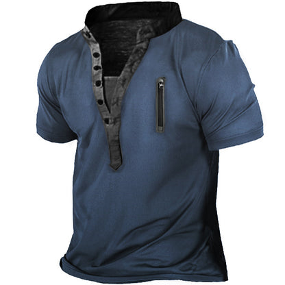 Men's Outdoor Zip Retro Print Tactical Henley Short Sleeve T-Shirt | 18CR